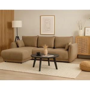 Hoekbank links  Loren met slaapfunctie 250x150x90 cm – Stof Raven 34 lichtbriun