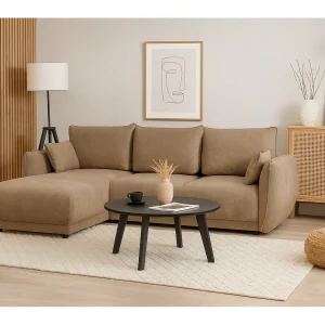 Hoekbank links  Loren met slaapfunctie 250x150x90 cm – Stof Raven 30 beige