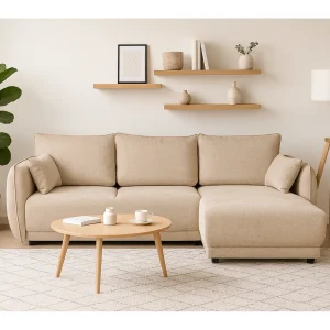 Hoekbank rechts Loren met slaapfunctie 250x150x90 cm – Stof Raven 24 créme Hoekbank rechts Loren met slaapfunctie 250x150x90 cm – Stof Raven 24 créme
