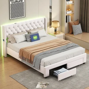 Gestoffeerd Bed 160×200 cm in Beige Fluweel met Opbergruimte, Ingebouwde LED en USB-poorten – Elegant en Functioneel Ontwerp