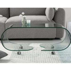 Lage tafel HOLOW met wielen – Asymmetrische design salontafel van gehard glas Lage tafel HOLOW met wielen – Asymmetrische design salontafel van gehard glas