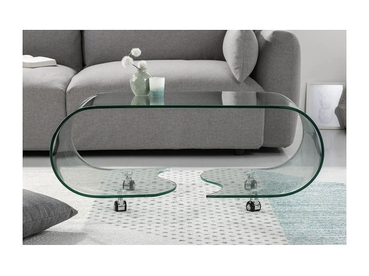 Lage tafel HOLOW met wielen - Asymmetrische design salontafel van gehard glas