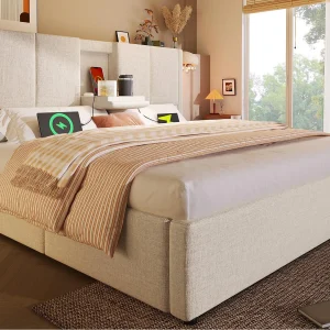 Gestoft opbergbed 140x200cm – met verborgen bekerhouder – met USB- en Type-C-poorten – met lattenbodem – Linnen – Beige (zonder matras) Gestoft opbergbed 140x200cm – met verborgen bekerhouder – met USB- en Type-C-poorten – met lattenbodem – Linnen – Beige (zonder matras)