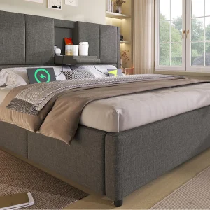 Gestoft opbergbed 140x190cm – met verborgen bekerhouder – met USB- en Type-C-poorten – met lattenbodem – Linnen – Grijs (zonder matras) Gestoft opbergbed 140x190cm – met verborgen bekerhouder – met USB- en Type-C-poorten – met lattenbodem – Linnen – Grijs (zonder matras)