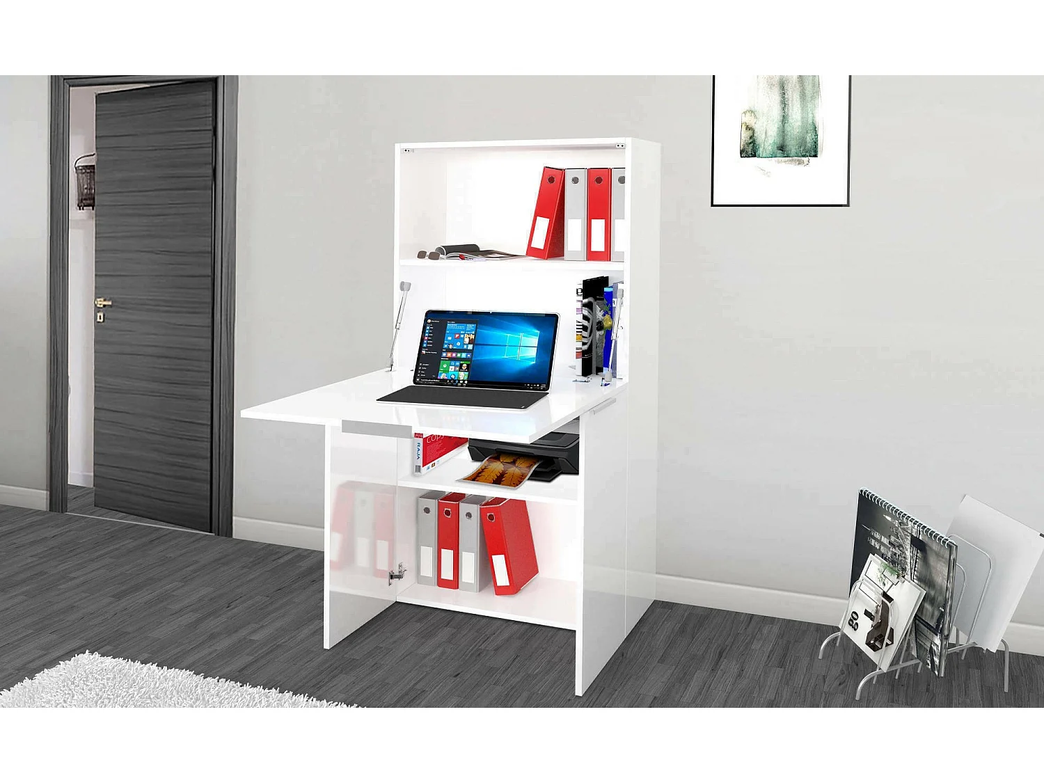 Dmorabureau Gianpiero 35x70x140h cm Wit Glanzend, 3 Verstelbare Planken, 4 Vakken, Made in Italy