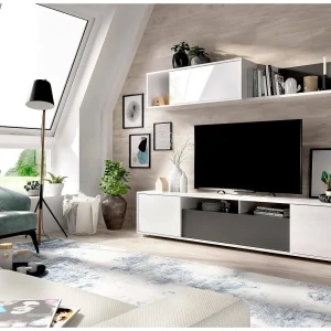 Dmora Wandmeubel Gruf 41x200x180h cm Wit Glanzend Modulair 6 Planken, 4 Deuren