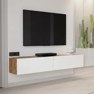 Tv-meubel om op te hangen met 2 deuren – Wit en naturel – AUBEPINA Tv-meubel om op te hangen met 2 deuren – Wit en naturel – AUBEPINA