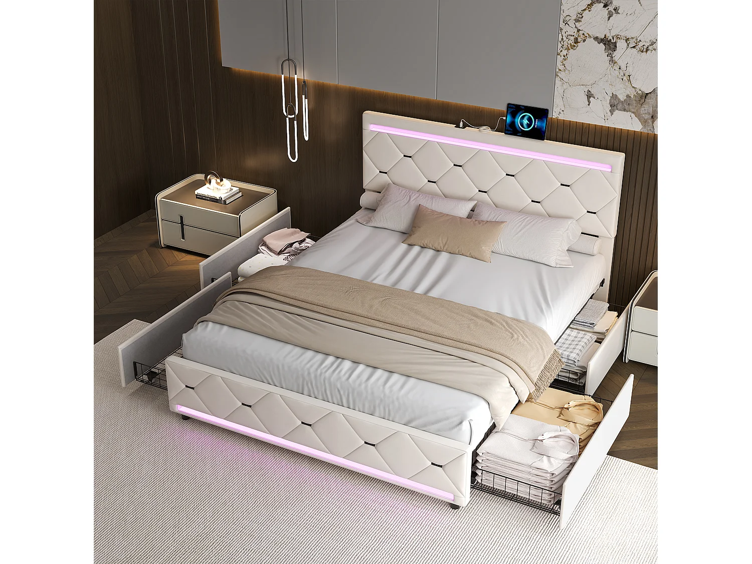 Gestoffeerd beige fluwelen bed 140x190 cm met zijladen, RGB LED-verlichting en geïntegreerde USB-poorten