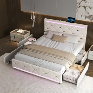 Gestoffeerd beige fluwelen bed 140×200 cm met RGB LED, 4 zijladen, USB-poorten, MDF- en massief houten frame Gestoffeerd beige fluwelen bed 140×200 cm met RGB LED, 4 zijladen, USB-poorten, MDF- en massief houten frame