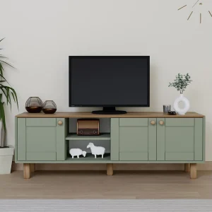 Moderne Groene Houten TV-standaard "Mia" – 160 x 40 x 56 cm – 3 Deuren, 4 Planken Moderne Groene Houten TV-standaard "Mia" – 160 x 40 x 56 cm – 3 Deuren, 4 Planken