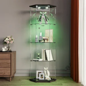 Glazen hoekvitrine met LED-verlichting en 4 schappen – enkele deur – met slot – zwart