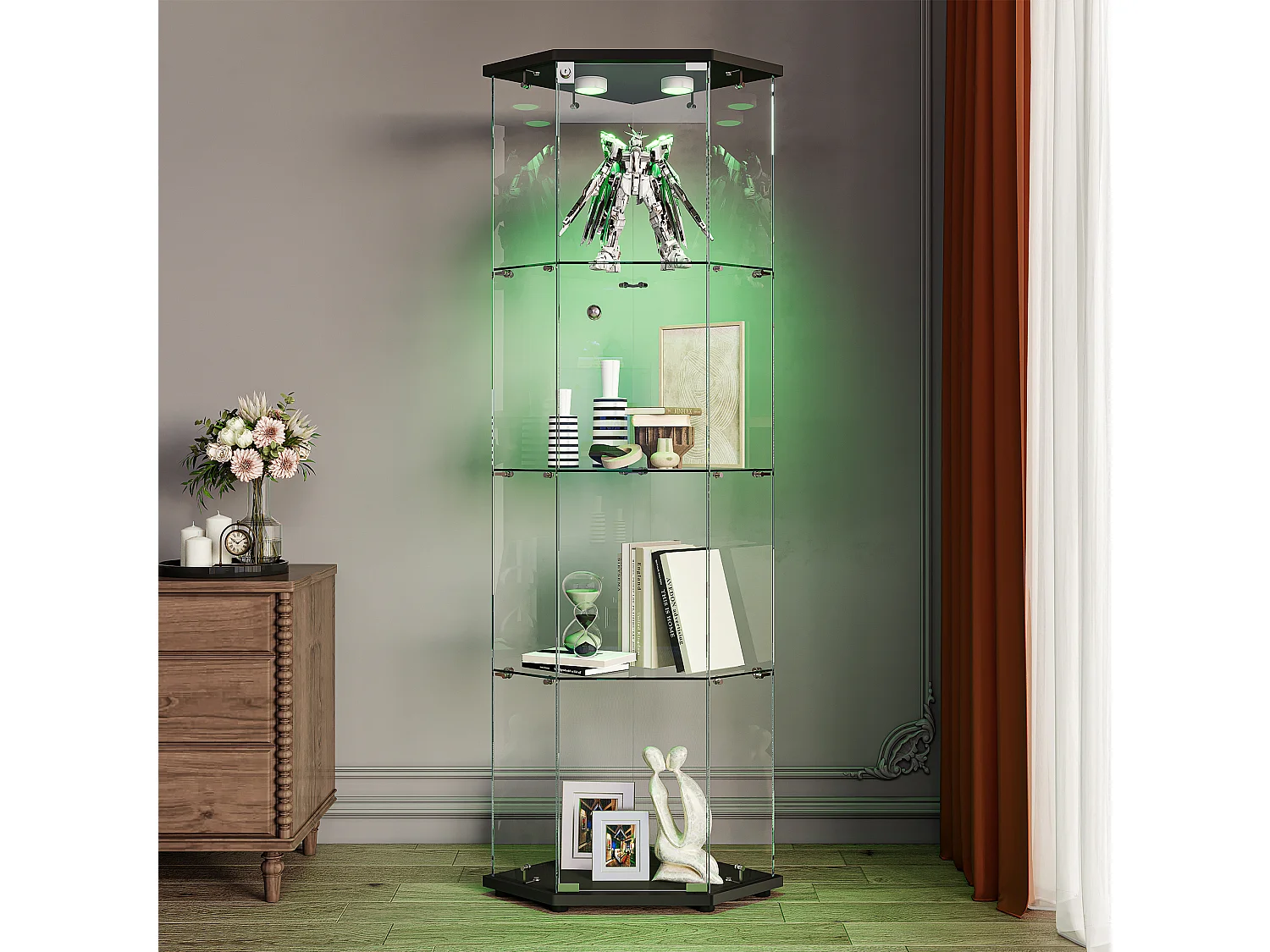 Glazen hoekvitrine met LED-verlichting en 4 schappen - enkele deur - met slot - zwart