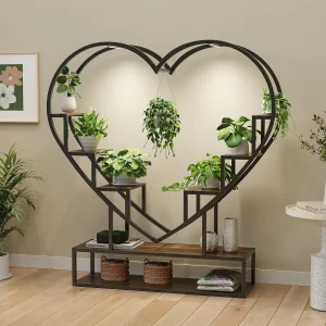 Hartvormige plantenstandaard met plantenlamp en plankje – 100 x 26 x 138 cm Hartvormige plantenstandaard met plantenlamp en plankje – 100 x 26 x 138 cm