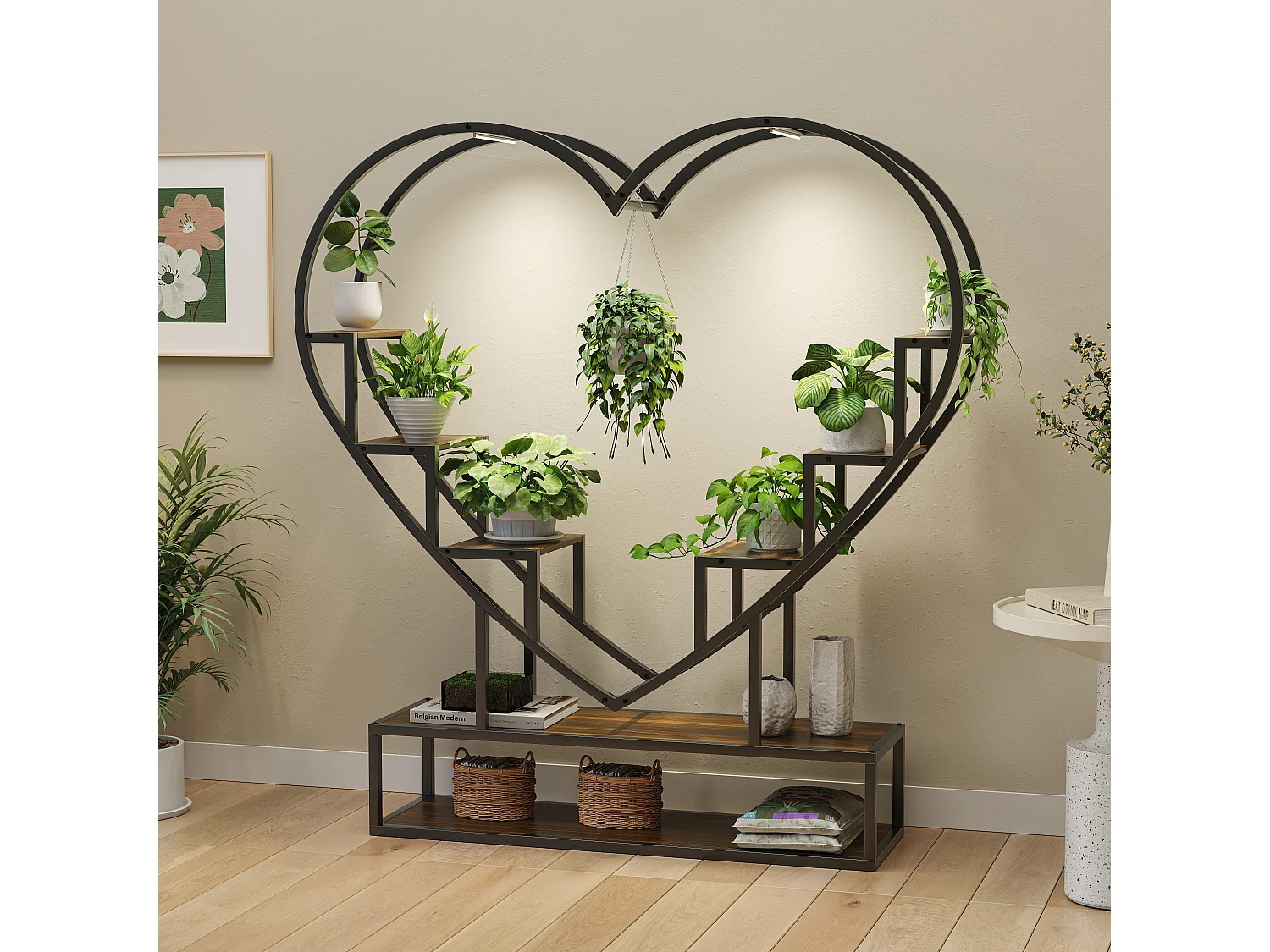 Hartvormige plantenstandaard met plantenlamp en plankje – 100 x 26 x 138 cm