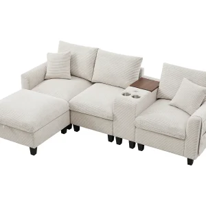 Hoekbank 229×149.5×83 cm, console met 2 bekerhouders en 2 USB, poef met opbergruimte, ribfluweel, beige Hoekbank 229×149.5×83 cm, console met 2 bekerhouders en 2 USB, poef met opbergruimte, ribfluweel, beige
