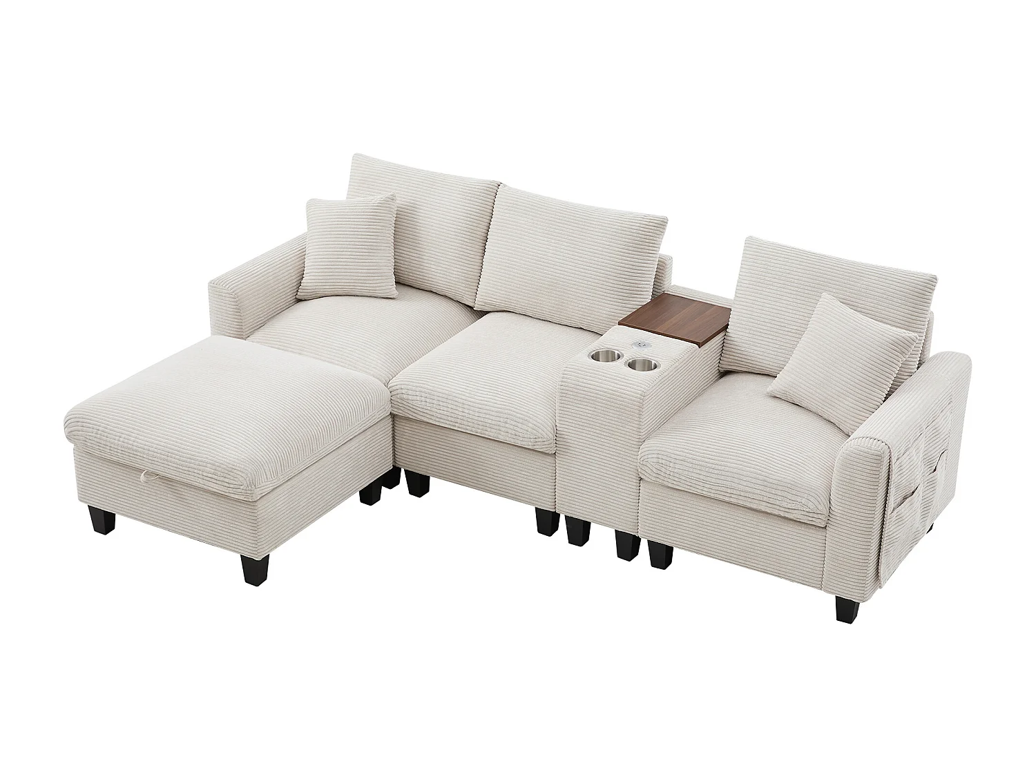 Hoekbank 229x149.5x83 cm, console met 2 bekerhouders en 2 USB, poef met opbergruimte, ribfluweel, beige