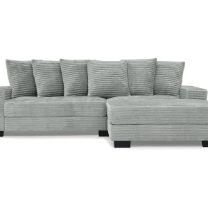 Hoekbank 256.5×133.5×89 cm, omkeerbare chaise longue, 6 kussens, kunststof poten, grijs ribfluweel Hoekbank 256.5×133.5×89 cm, omkeerbare chaise longue, 6 kussens, kunststof poten, grijs ribfluweel