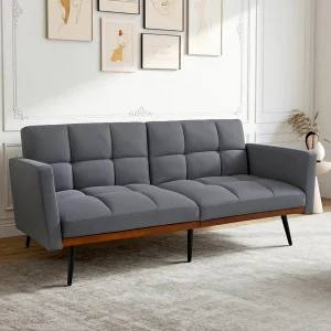 Futonbank 60×89 cm, verstelbare rugleuning in 5 standen, vaste armleuningen, linnen stof, grijs