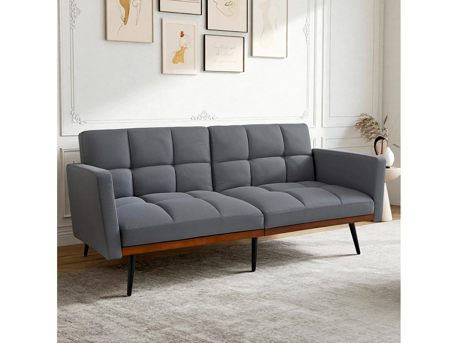 Futonbank 60x89 cm, verstelbare rugleuning in 5 standen, vaste armleuningen, linnen stof, grijs