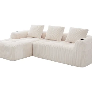 Compacte bank 253x158x61 cm, modulair DIY, zijvakken en bekerhouders, hogedichtheidsschuim, corduroy, beige Compacte bank 253x158x61 cm, modulair DIY, zijvakken en bekerhouders, hogedichtheidsschuim, corduroy, beige