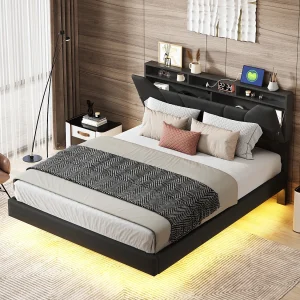 Gestoffeerd tweepersoonsbed, 140 x 200 cm, met led- en usb-aansluiting, zwevend bedframe met lattenbodem, zwart