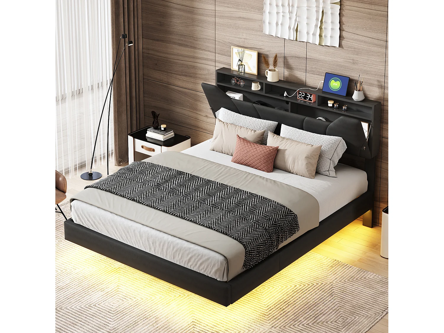 Gestoffeerd tweepersoonsbed, 140 x 200 cm, met led- en usb-aansluiting, zwevend bedframe met lattenbodem, zwart