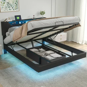 Gestoffeerd opbergbed 160x200cm met lattenbodem, zwevend bedframe met LED-verlichting, zwart Gestoffeerd opbergbed 160x200cm met lattenbodem, zwevend bedframe met LED-verlichting, zwart