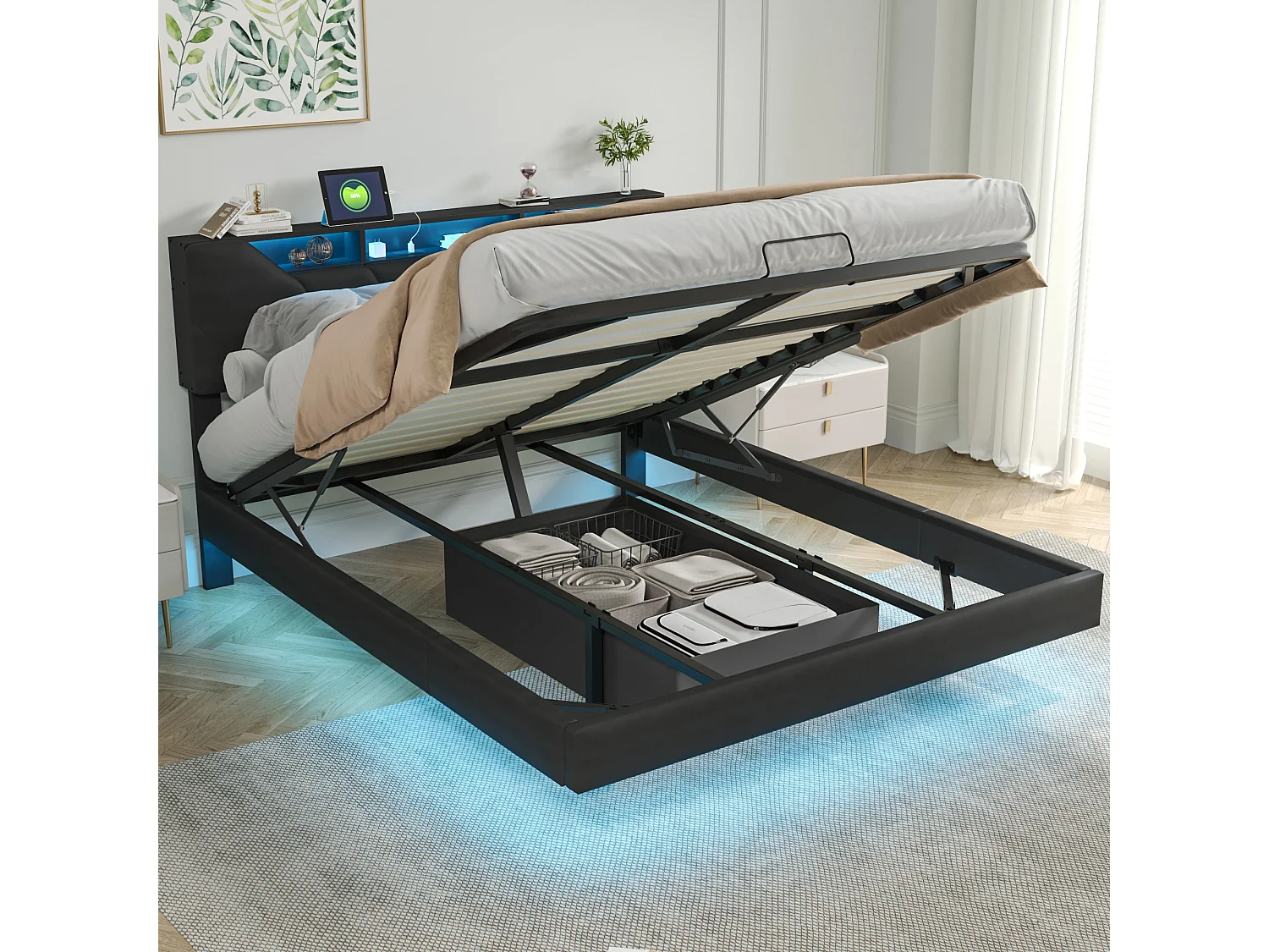 Gestoffeerd opbergbed 160x200cm met lattenbodem, zwevend bedframe met LED-verlichting, zwart