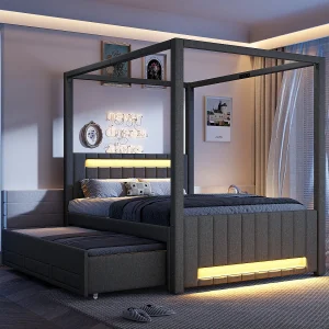 Gestoffeerd hemelbed – 140 x 200 cm – met uitschuifbed 90 x 190 cm + 3 lades + LED-verlichting – linnen + MDF – grijs Gestoffeerd hemelbed – 140 x 200 cm – met uitschuifbed 90 x 190 cm + 3 lades + LED-verlichting – linnen + MDF – grijs