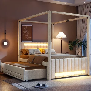 Gestoffeerd hemelbed – 140 x 200 cm – met uitschuifbed 90 x 190 cm + 3 lades + LED-verlichting – linnen + MDF – beige Gestoffeerd hemelbed – 140 x 200 cm – met uitschuifbed 90 x 190 cm + 3 lades + LED-verlichting – linnen + MDF – beige