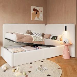 Gestoffeerd kinderdagbed – 90 x 200 cm – met hydraulische opbergruimte + USB-poort + leeslampje – fluweel – beige Gestoffeerd kinderdagbed – 90 x 200 cm – met hydraulische opbergruimte + USB-poort + leeslampje – fluweel – beige