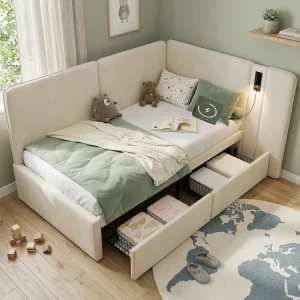 Gestoffeerd slaapbankje voor kinderen – 90 x 200 cm – met 2 lades + USB-poort + leeslamp – fluweel – beige