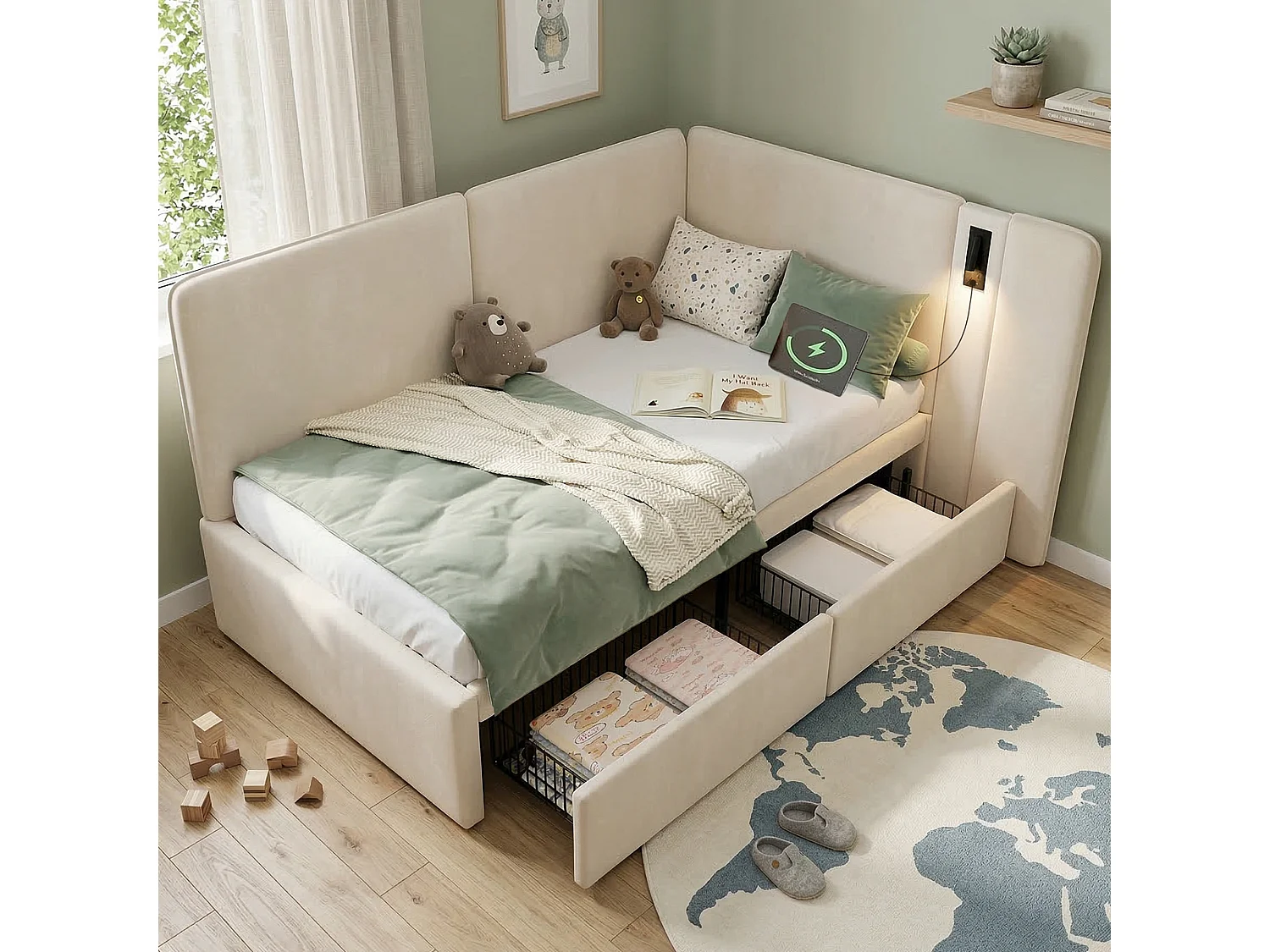 Gestoffeerd slaapbankje voor kinderen - 90 x 200 cm - met 2 lades + USB-poort + leeslamp - fluweel - beige