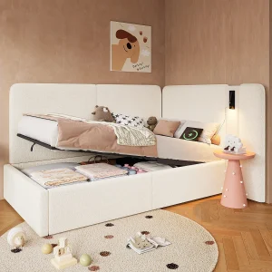 Gestoffeerd slaapbankje voor kinderen – 90 x 200 cm – met hydraulische opbergruimte + USB-poort + leeslampje – lusstof – beige