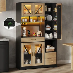 Hayt keukendressoir in schuurstijl – 105 x 40 x 185 cm – met planken + lades + ledverlichting + deuren – MDF – zwart + naturel Hayt keukendressoir in schuurstijl – 105 x 40 x 185 cm – met planken + lades + ledverlichting + deuren – MDF – zwart + naturel