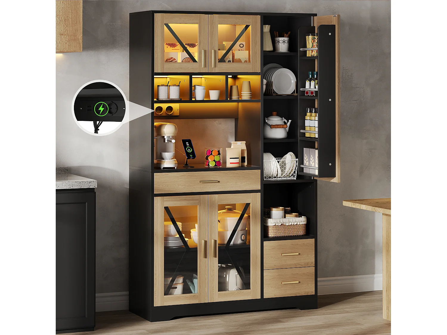 Hayt keukendressoir in schuurstijl - 105 x 40 x 185 cm - met planken + lades + ledverlichting + deuren - MDF - zwart + naturel