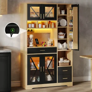 Hayt keukendressoir in schuurstijl – 105 x 40 x 185 cm – met planken + lades + ledverlichting + deuren – MDF – zwart + naturel Hayt keukendressoir in schuurstijl – 105 x 40 x 185 cm – met planken + lades + ledverlichting + deuren – MDF – zwart + naturel
