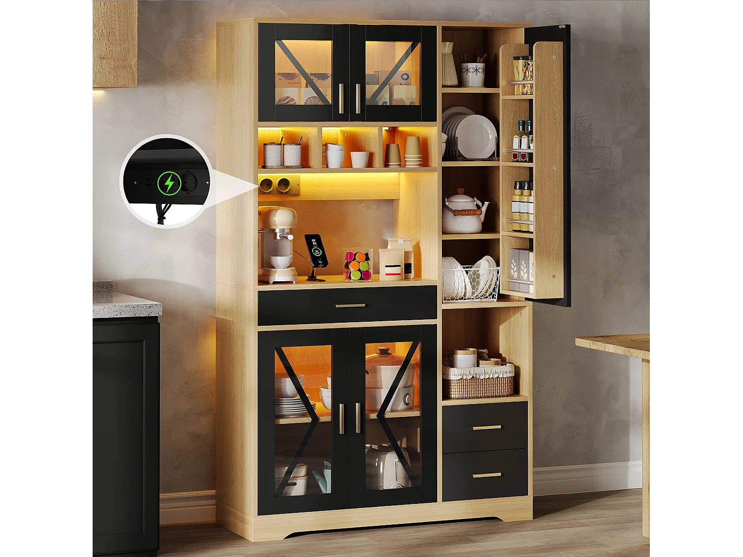 Hayt keukendressoir in schuurstijl - 105 x 40 x 185 cm - met planken + lades + ledverlichting + deuren - MDF - zwart + naturel