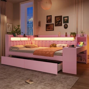 Gestoffeerd slaapbankje voor kinderen – 140 x 200 cm – met USB-poort, ledverlichting, bureau en 2 lades – MDF – roze