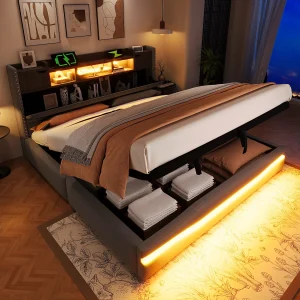 Gestoffeerd opbergbed – 180 x 200 cm – met USB-C + LED-verlichting – hoofdbord met opbergruimte – linnen + MDF – grijs Gestoffeerd opbergbed – 180 x 200 cm – met USB-C + LED-verlichting – hoofdbord met opbergruimte – linnen + MDF – grijs