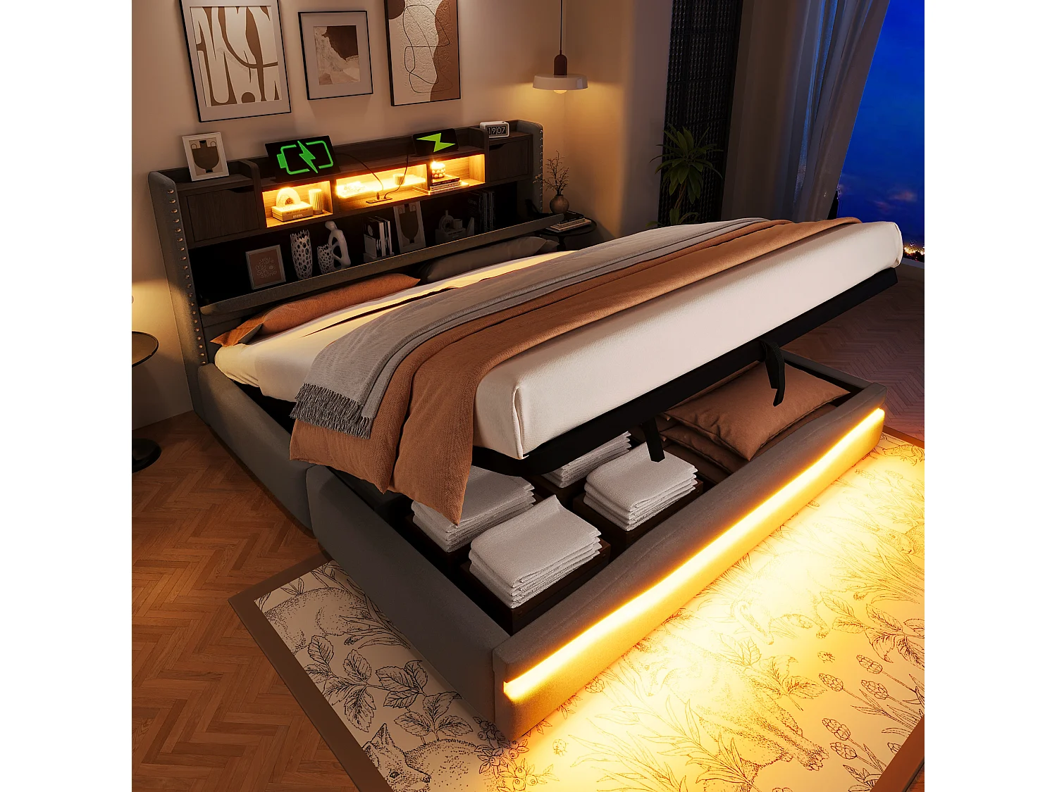 Gestoffeerd opbergbed - 180 x 200 cm - met USB-C + LED-verlichting - hoofdbord met opbergruimte - linnen + MDF - grijs