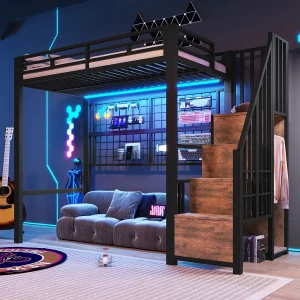 Halfhoogslaper met ijzeren frame – 90 x 200 cm – met kledingkast + opbergladder + ledverlichting – metaal + MDF – zwart Halfhoogslaper met ijzeren frame – 90 x 200 cm – met kledingkast + opbergladder + ledverlichting – metaal + MDF – zwart