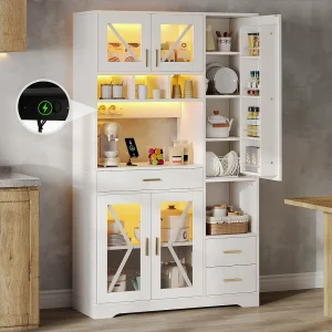 Hayt keukendressoir in schuurstijl – 105 x 40 x 185 cm – met planken + lades + ledverlichting + deuren – MDF – wit Hayt keukendressoir in schuurstijl – 105 x 40 x 185 cm – met planken + lades + ledverlichting + deuren – MDF – wit