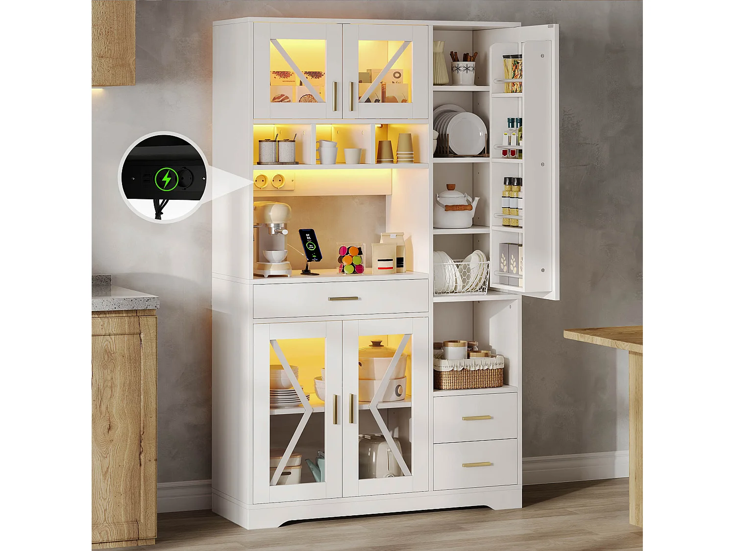 Hayt keukendressoir in schuurstijl - 105 x 40 x 185 cm - met planken + lades + ledverlichting + deuren - MDF - wit