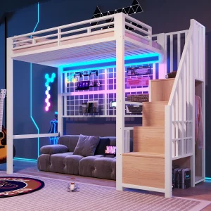 Halfhoogslaper met ijzeren frame – 90 x 200 cm – met kledingkast + opbergladder + ledverlichting – metaal + MDF – wit Halfhoogslaper met ijzeren frame – 90 x 200 cm – met kledingkast + opbergladder + ledverlichting – metaal + MDF – wit