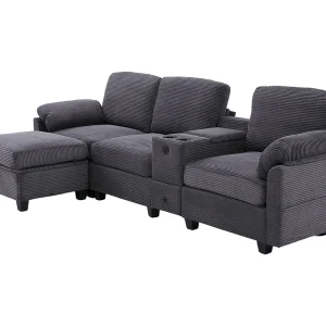 Bank 266x136x82 cm, traagschuim, verschuifbaar middenconsole met bekerhouders, USB-C, ribfluweel, donkergrijs Bank 266x136x82 cm, traagschuim, verschuifbaar middenconsole met bekerhouders, USB-C, ribfluweel, donkergrijs