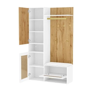 Entree-garderobe 110x38x190 cm, ingebouwde spiegel, LED-verlichting 16 kleuren, deuren met rotan-effect, MDF en spaanplaat, wit en hout