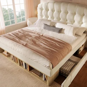 Gestoffeerd tweepersoonsbed 140x200cm – verstelbaar hoofdeinde – met lades en opbergruimte – fluweel – Beige (zonder matras) Gestoffeerd tweepersoonsbed 140x200cm – verstelbaar hoofdeinde – met lades en opbergruimte – fluweel – Beige (zonder matras)
