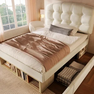 Gestoffeerd eenpersoonsbed 90x200cm – verstelbaar hoofdeinde – met lades en opbergruimte – fluweel – Beige (zonder matras) Gestoffeerd eenpersoonsbed 90x200cm – verstelbaar hoofdeinde – met lades en opbergruimte – fluweel – Beige (zonder matras)