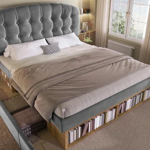Gestoffeerd tweepersoonsbed 140x200cm – verstelbaar hoofdeinde – met lades en opbergruimte – fluweel – Grijs (zonder matras) Gestoffeerd tweepersoonsbed 140x200cm – verstelbaar hoofdeinde – met lades en opbergruimte – fluweel – Grijs (zonder matras)